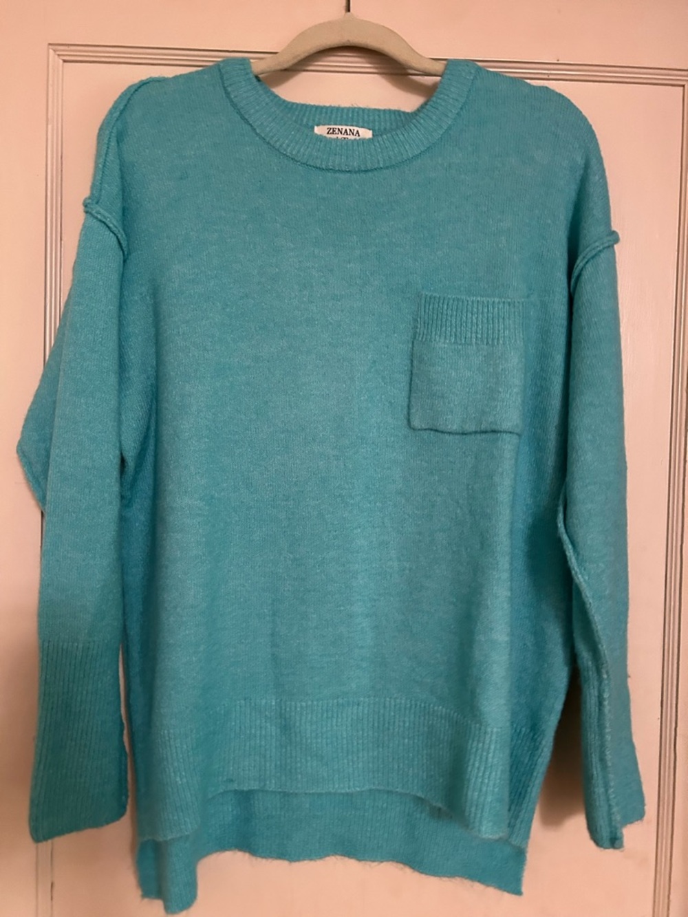 Zenana Outfitters Teal Crewneck Sweater with Chest Pocket